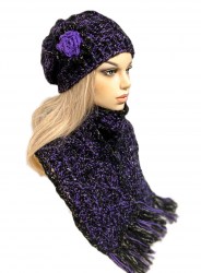 Ръчно плетена дебела шапка с цвете и шал от мохер и вълна- лилаво и черен туид